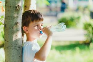 Cute boy sitting on the grass drinks water from a bottle in the summer at sunset. Child quenches thirst on a hot day photo