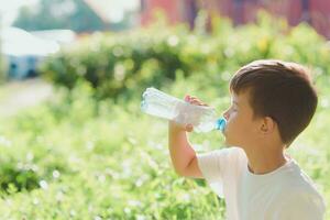 linda chico sentado en el césped bebidas agua desde un botella en el verano a puesta de sol. niño apaga sed en un caliente día foto