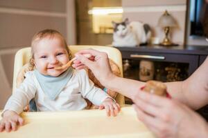 Mom feeds a happy baby fruit puree from a spoon. First food photo