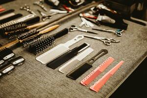 accessories for haircuts are on the shelf in the salon photo