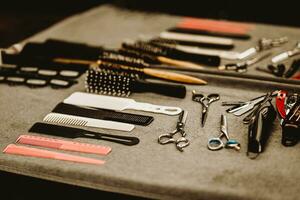 accessories for haircuts are on the shelf in the salon photo