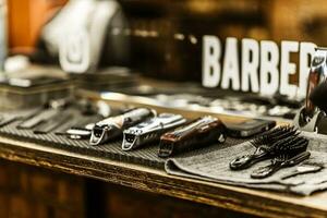 hairdresser accessories are on the shelf in the salon photo