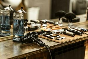 hairdresser accessories are on the shelf in the salon photo