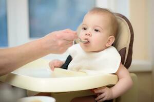 grandmother gives baby food from a spoon photo