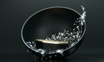 black podium and water splashing on white background.3D rendering photo