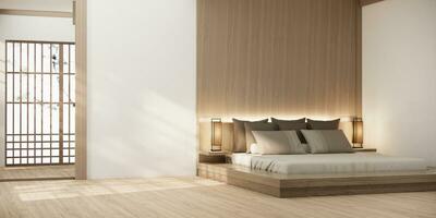 Japón estilo vacío habitación decorado con de madera cama, blanco pared y de madera pared. foto