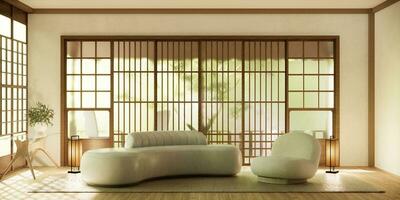 Minimalist japandi style living room decorated with sofa. photo