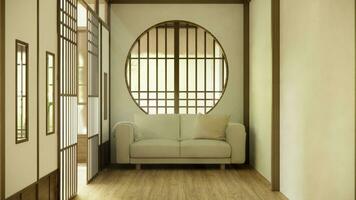 minimalista japandi estilo vivo habitación decorado con sofá. foto