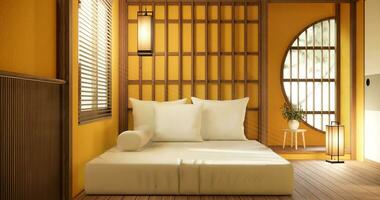 Minimal yellow interior mock up with zen bed plant and decoartion in japanese bedroom. 3D rendering. photo
