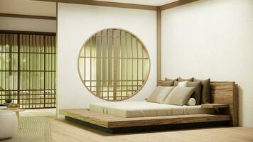 Japón estilo vacío habitación decorado con de madera cama, blanco pared y de madera pared. foto
