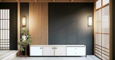 japandi estilo vivo vacío habitación con decorado minimalista y televisión gabinete. foto