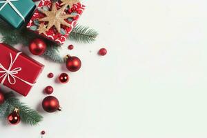 Navidad composición. regalos, abeto árbol sucursales, rojo decoraciones en blanco antecedentes. Navidad, invierno, nuevo año concepto. plano poner, parte superior vista, Copiar espacio. generativo ai. foto