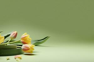 monitor podio verde antecedentes con amarillo tulipán flor y pétalo. naturaleza florecer mínimo pedestal para belleza, cosmético producto presentación. verano y primavera Bosquejo. generaivo ai. foto