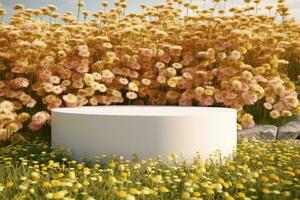 Natural beauty podium backdrop with spring flower field. generative ai. photo