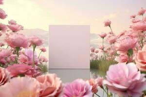 natural belleza podio fondo con primavera Rosa flor campo escena. 3d representación. generativo ai. foto