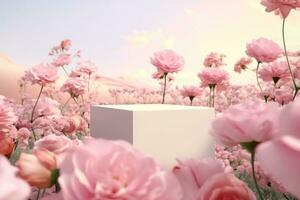 natural belleza podio fondo con primavera Rosa flor campo escena. 3d representación. generativo ai. foto