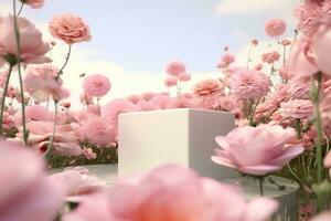 Natural beauty podium backdrop with spring rose flower field scene. 3d rendering. generative ai. photo