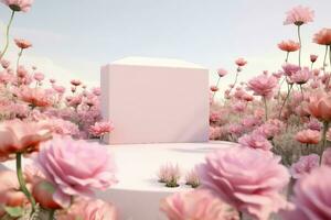 Natural beauty podium backdrop with spring rose flower field scene. 3d rendering. generative ai. photo
