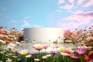 Natural beauty podium backdrop with spring rose flower field scene. generative ai. photo