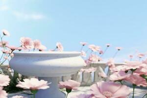 Natural beauty podium backdrop with spring rose flower field scene. 3d rendering. generative ai. photo