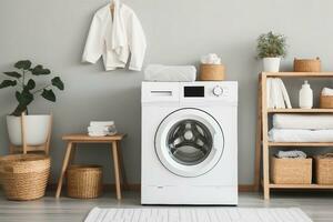 Domestic room interior with modern washing machine and laundry baskets. generative ai. photo