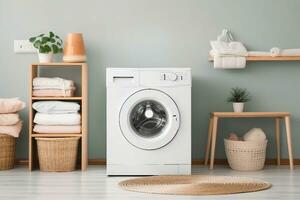 Domestic room interior with modern washing machine and laundry baskets. generative ai. photo