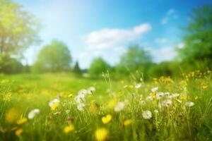 Beautiful meadow field with fresh grass and yellow dandelion flowers in nature against a blurry blue sky with clouds. Summer spring perfect natural landscape. generative ai. photo