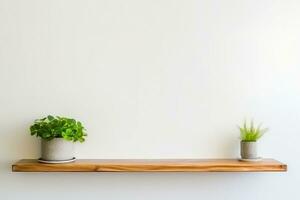 interior design, wooden shelf on white wall with green plant. generative ai. photo