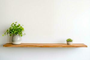 interior design, wooden shelf on white wall with green plant. generative ai. photo
