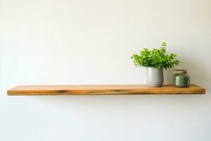 interior design, wooden shelf on white wall with green plant. generative ai. photo