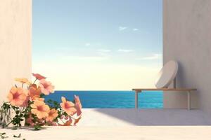 Abstract summer beach scene with a podium background. 3d rendering. generative ai. photo