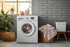 Clothes washing machine in laundry room interior with window. generative ai. photo