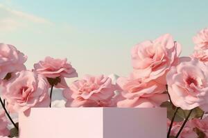 natural belleza podio fondo para producto monitor con rosado Rosa flor. 3d prestar. generativo ai. foto