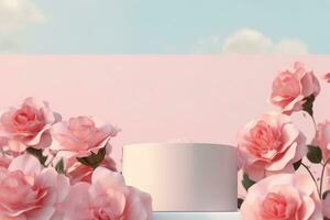 Natural beauty podium backdrop for product display with pink rose flower. 3d render. generative ai. photo