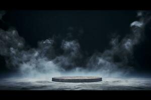 Gray textured concrete platform, podium or table with smoke in the dark. generative ai. photo