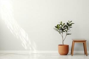 Ficus and stool near white wall, space for text. Home plants. generative ai. photo