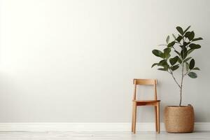 Ficus and stool near white wall, space for text. Home plants. generative ai. photo