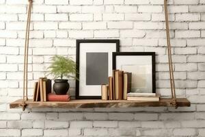 brick wall drift wood shelves and frame concept decor. generative ai. photo