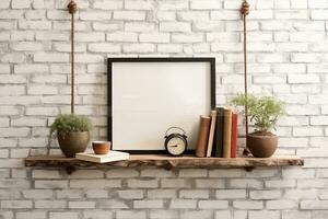 brick wall drift wood shelves and frame concept decor. generative ai. photo