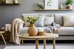 Scandinavian living room interior with design grey sofa, wooden coffee table, plants, shelf, spring flowers in vase, decoration and elegant personal accessories at home decor. generative ai. photo