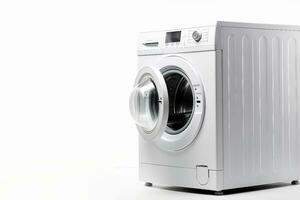 White Front Load Washing Machine Isolated on White Background. Modern Washer with Electronic Control Panel. Side View of Household and Domestic Major Appliance. Home Innovation. generative ai. photo