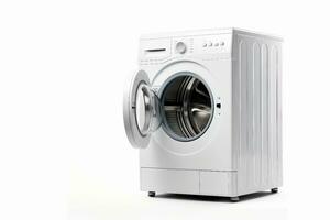 White Front Load Washing Machine Isolated on White Background. Modern Washer with Electronic Control Panel. Side View of Household and Domestic Major Appliance. Home Innovation. generative ai. photo