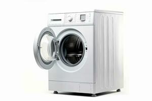 White Front Load Washing Machine Isolated on White Background. Modern Washer with Electronic Control Panel. Side View of Household and Domestic Major Appliance. Home Innovation. generative ai. photo