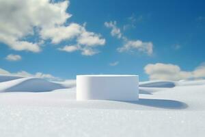 Minimal product background for Christmas and winter holiday concept. White podium and snow drifts on blue sky. 3d rendering. generative ai. photo