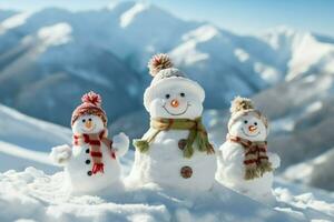 Happy snowmans in mountains, copy space. generative ai. photo