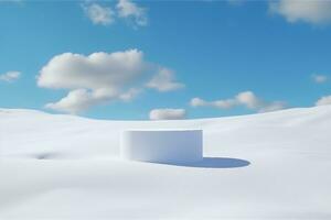 Minimal product background for Christmas and winter holiday concept. White podium and snow drifts on blue sky. 3d rendering. generative ai. photo