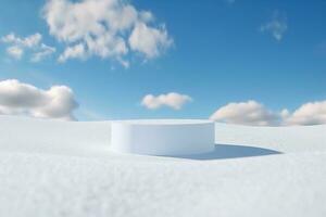 Minimal product background for Christmas and winter holiday concept. White podium and snow drifts on blue sky. 3d rendering. generative ai. photo