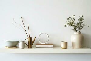 Minimalistic Scandinavian interior. Dishes on white shelves. White details in the interior. photo