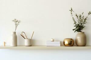 Minimalistic Scandinavian interior. Dishes on white shelves. White details in the interior. photo