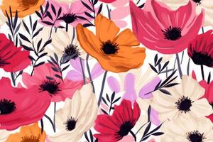 Vector seamless pattern with hand drawing wild flowers, colorful botanical illustration, floral elements, hand drawn repeatable background. Artistic backdrop. generative ai. photo